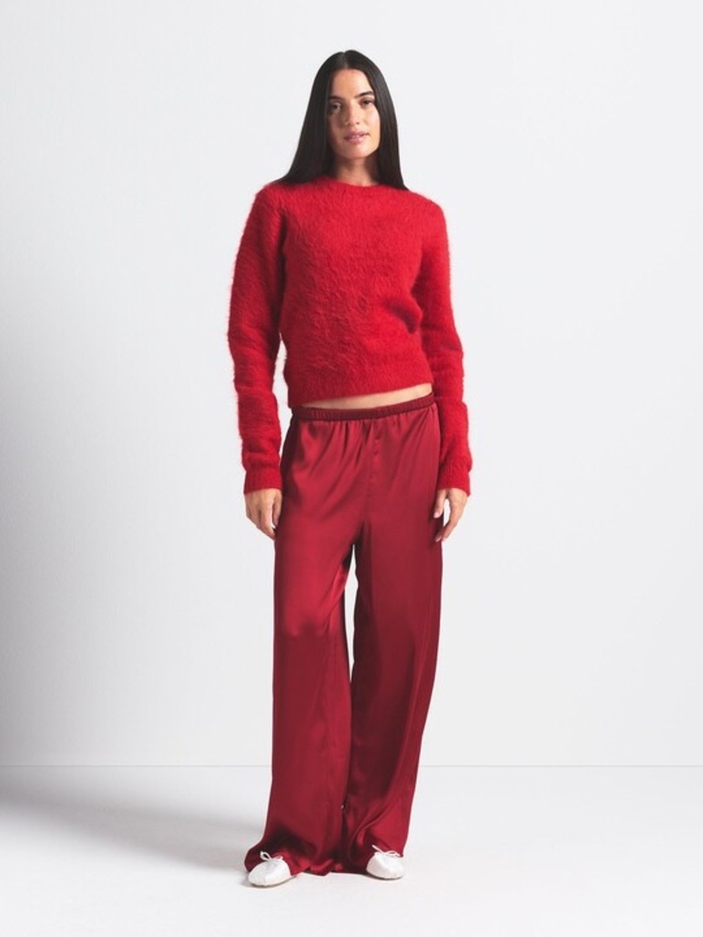 SKIMS BRUSHED ALPACA LONG SLEEVE FITTED CREW NECK TOP - NWT - CRANBERRY - S